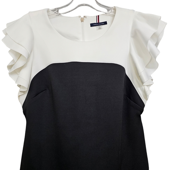 Tommy Hilfiger Nwot White/Black Colorblock Flutter Cap Sleeve Scuba Sheath Dress - Picture 10 of 16